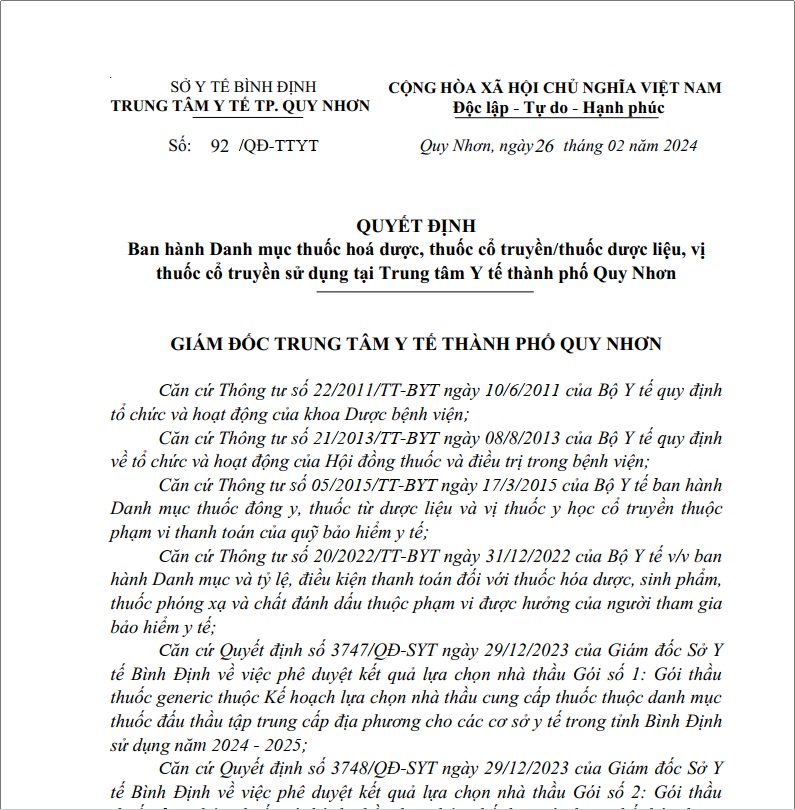 Quyết định số 92/QĐ-TTYT: Ban hành Danh mục thuốc hoá dược, thuốc cổ truyền/thuốc dược liệu, vị thuốc cổ truyền sử dụng tại Trung tâm Y tế thành phố Quy Nhơn