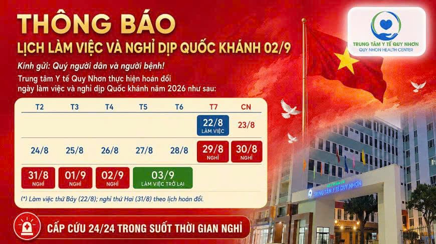 Trung tâm Y tế Quy Nhơn: Thông báo lịch làm việc và thời gian nghỉ dịp Quốc Khánh 02/9 năm 2026